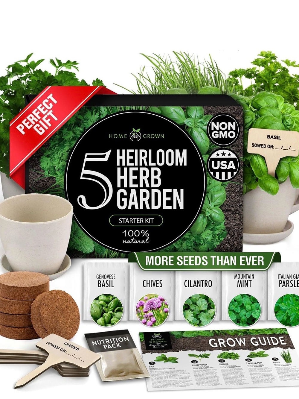 HOME GROWN Indoor Herb Garden Starter Kit – Complete 5 Herb Grow Kit basil New